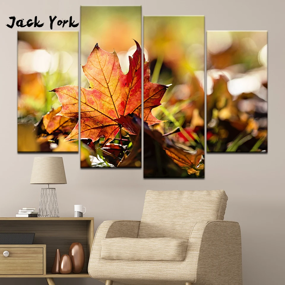 Canvas Painting Autumn leaves 4 Pieces Wall Art Modular Wallpapers Poster Print living room Home Decor free shipping | Дом и сад