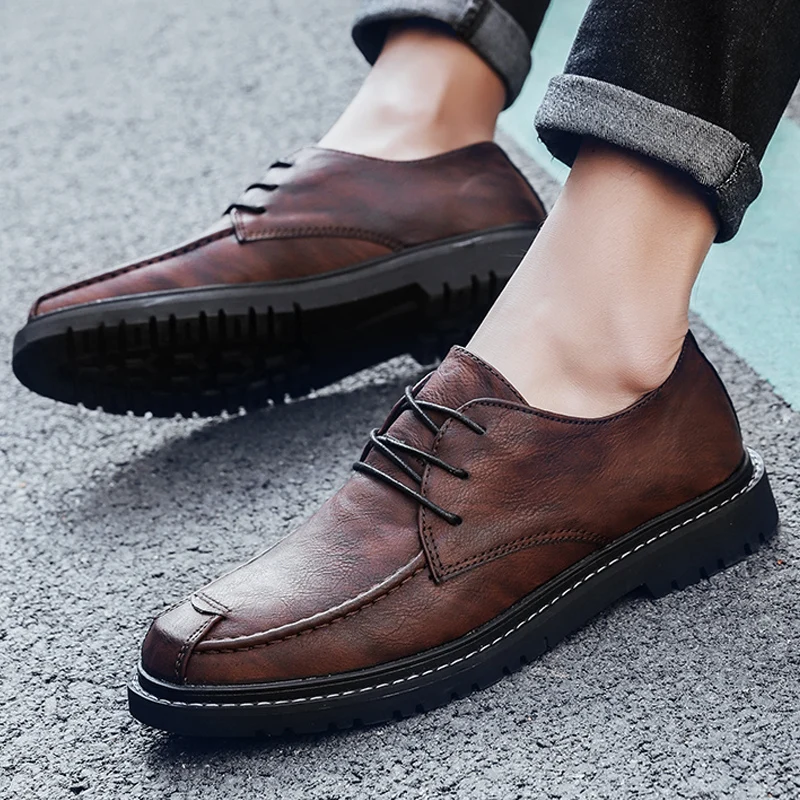 Мужские кожаные туфли на плоской подошве темно-синие повседневные лоферы из кожи