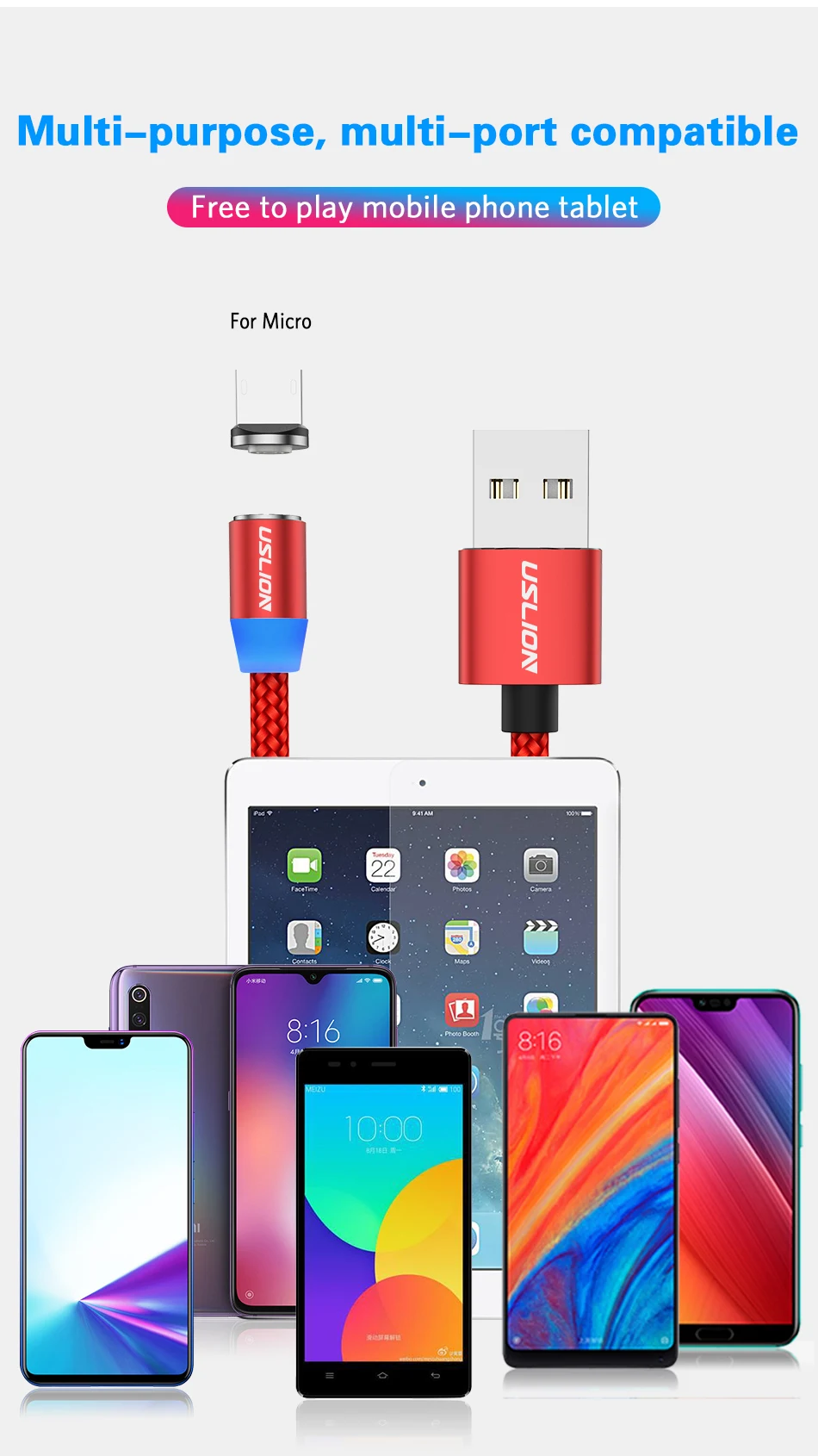 USLION Micro USB Магнитный кабель type-C Магнитный кабель для зарядки телефона 1 м 3 А Быстрая зарядка Android type C провод для huawei P30 samsung