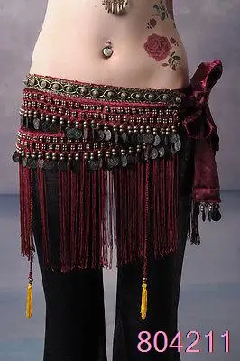 Женский набедренный костюм для танца живота с бахромой и медными монетами 3 цвета