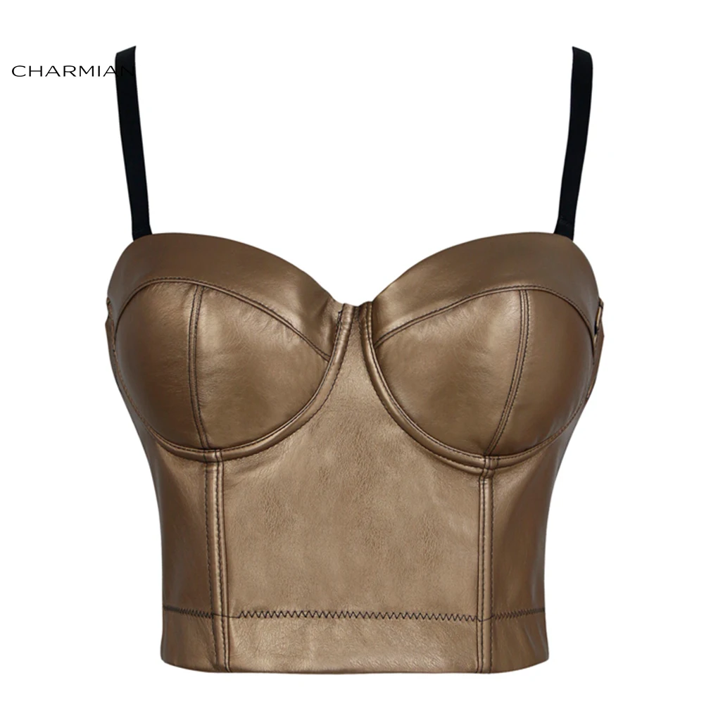 Gold Charmian Women's Sexy Spaghetti Straps Bustier Racer Bustiers Top Leather Corsets and Bustier Gothic PU Crop Bra Top - Цвет: Gold