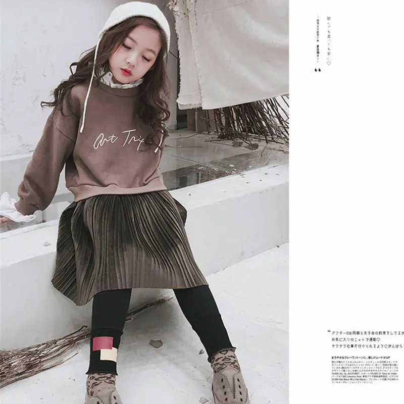 Kids Hoodies Style Dress 3-12Years Students Girls Casual Pleated Fake Two Pieces Cotton Tops Printed Dresses Cute Vestidos | Детская