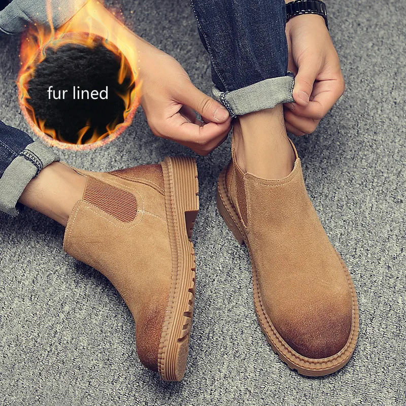 

2020 Chelsea Boots Men Genuine Leather Slip-on Ankle Boots Fashion New Fur Plush Men Shoes All Black Cool Boots Cow Suede 38-44