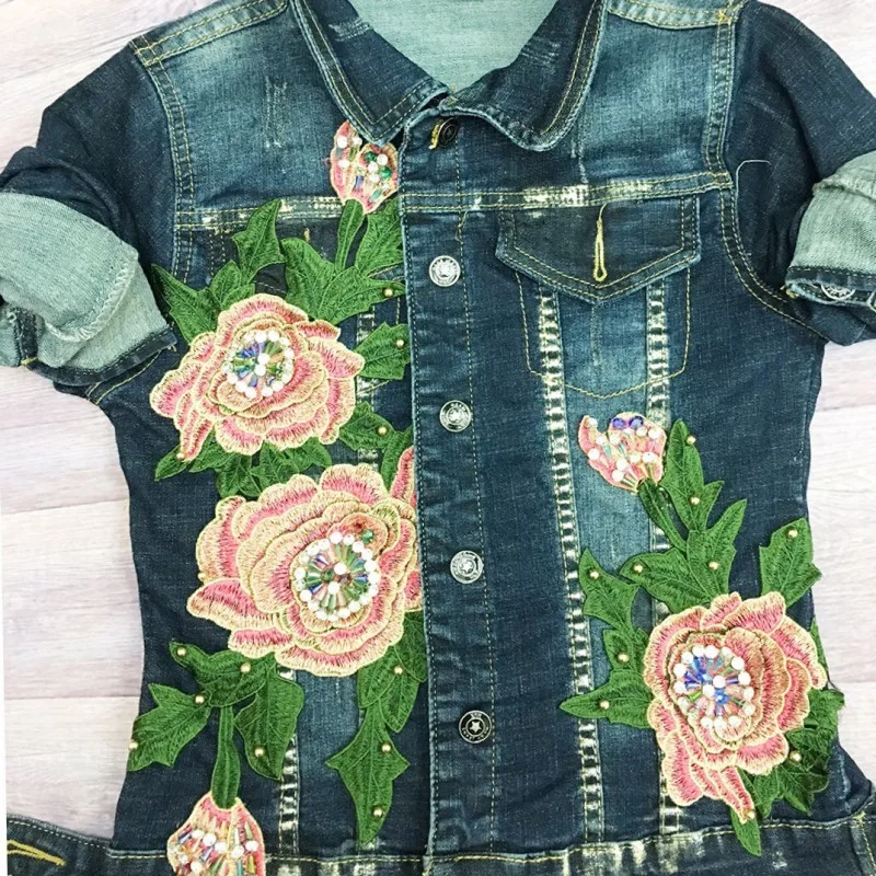 Для женщин Бисер спортивный костюм куртка с рисунком джинсовые для дам 3D Вышивка