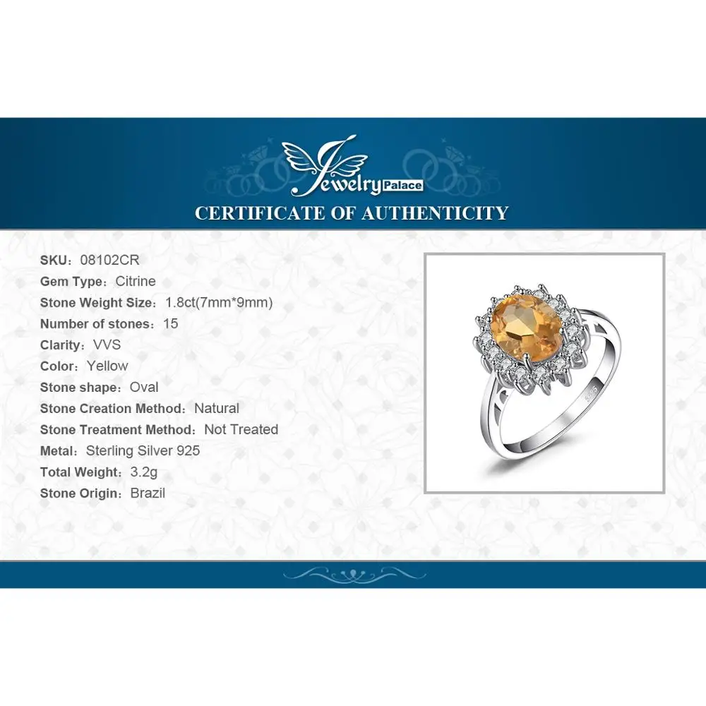 Jewelrypalace Кейт Принцесса Диана 1.8ct натуральный цитрин Обручение Halo Кольцо 925 Серебряное кольцо для Для женщин Красивые ювелирные изделия