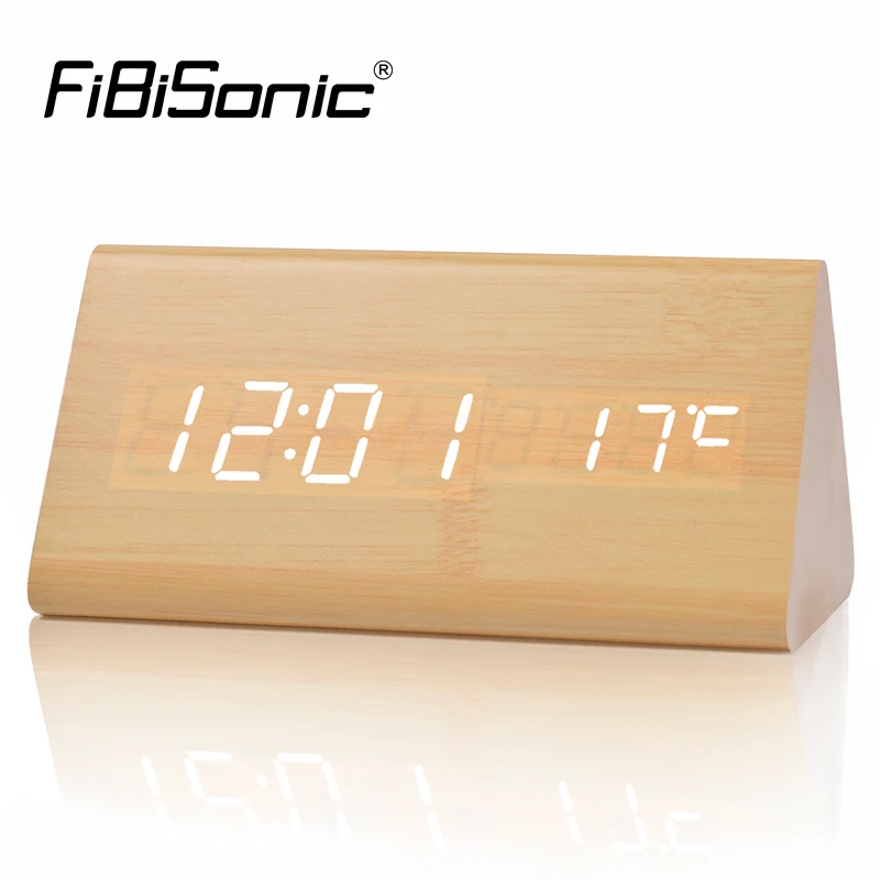 FiBiSonic Деревянный цифровой светодиодный Будильник, Звуковое управление настольные часы с температурой, электронный дисплей домашний декор