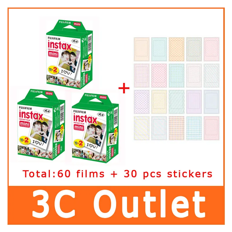 Оригинальная пленка Fujifilm Instax 60 листов + 30 наклеек для Instant Camera Mini 9 8 7s 25 50s 90 70 SP 1