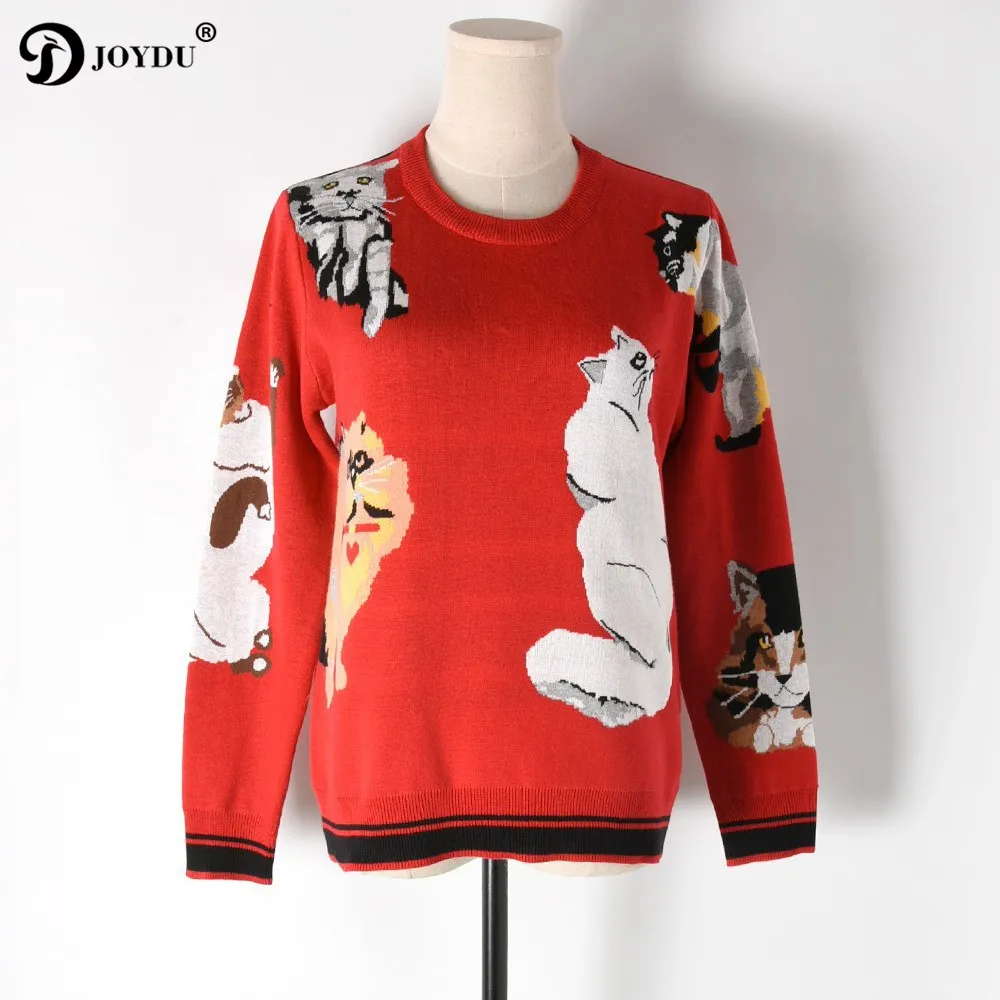 JOYDU Brand Designer Funny Tops Lady's Sweater 2018 New Sweet 7 Cats Pattern Long Sleeve Red Knit Pullover Chic Women Jumper | Женская