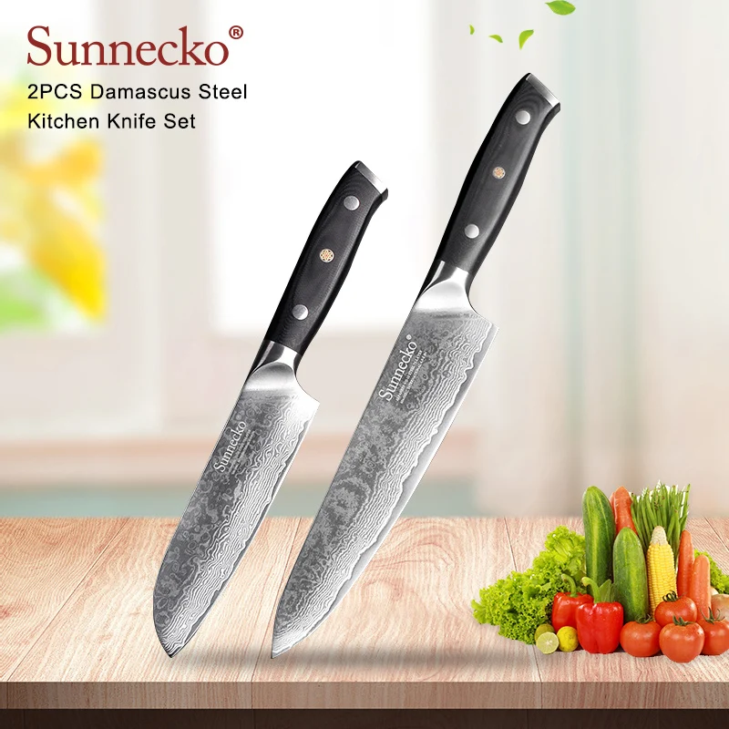 SUNNECKO 2 шт. Кухня Набор ножей Santoku шеф повар Ножи Дамаск японский VG10 Сталь лезвие G10