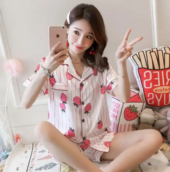 

Print women's pajamas set short sleeve summer pyjamas women silk satin sleeping suit home wear pijama girl's pyjama femme new