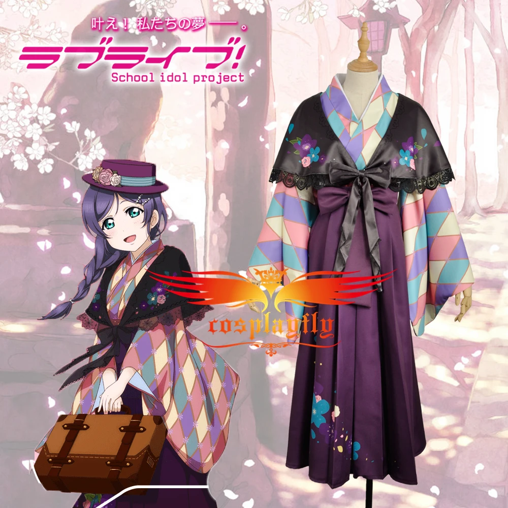 Anime Love Live! Tojo Nozomi Taisho Kimono Unawakened Cosplay Costume Custom Adult Women Purple Dress Hat Flower Satin Shawl |