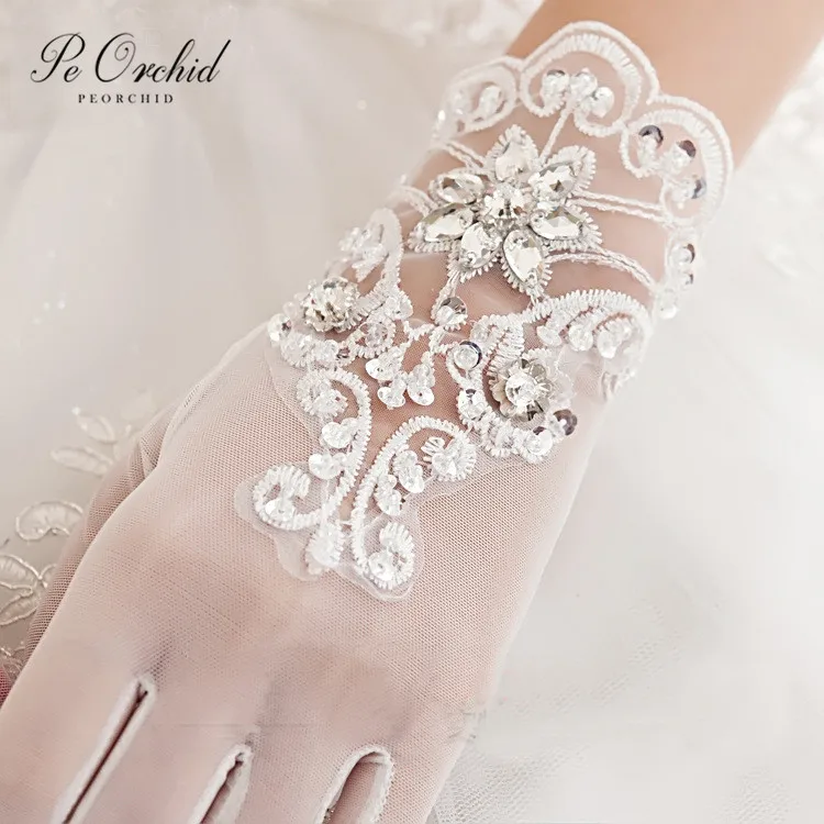 PEORCHID свадебные перчатки цвета слоновой кости с бисером длина запястья кружевные