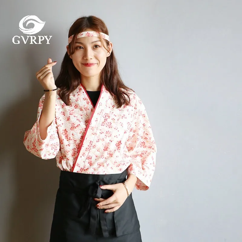 Japanese Chef Uniform Summer Unisex Print Overalls Hotel Canteen Kitchen Cooking Jacket Sushi Restaurant Waiter Kimono Shirt