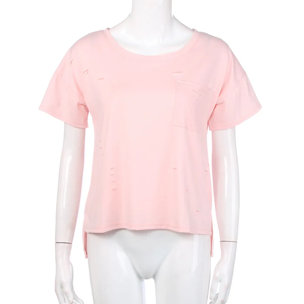 Women Loose Short Sleeve T Shirt Hole Solid Casual Girls Female Pocket Stylish Fashion Cotton Top Pink Sweet | Женская одежда