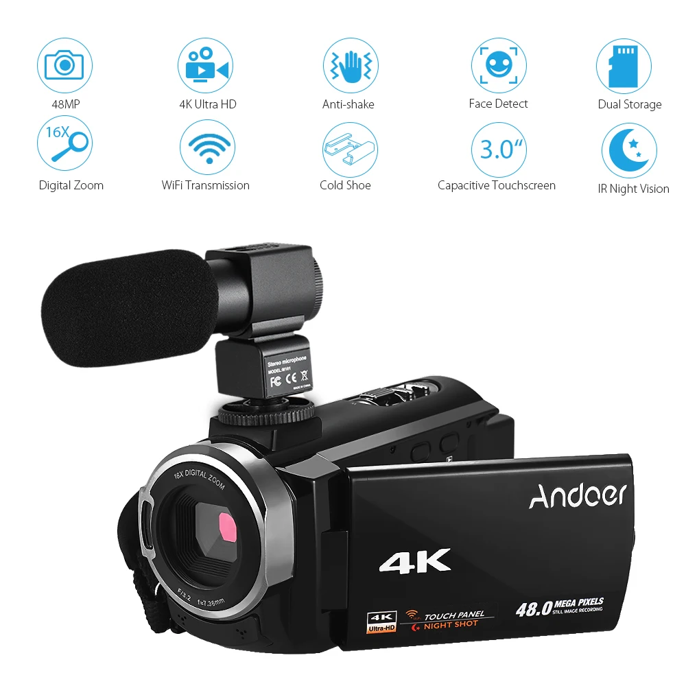 Andoer 4K HD Цифровая видеокамера DV сенсорный экран WiFi ИК Ночное Видение с 2 шт.