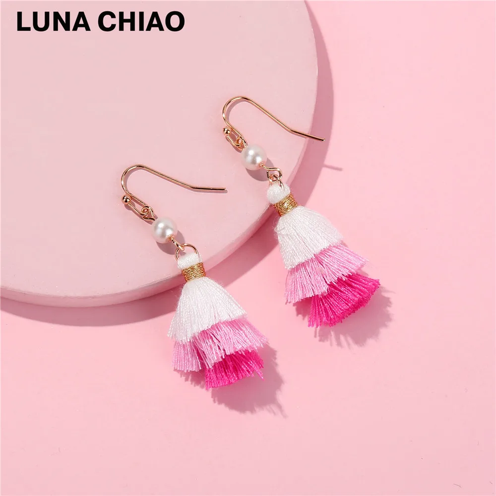 Женские мини серьги LUNA CHIAO разноцветные Многослойные хлопковые с кисточками и