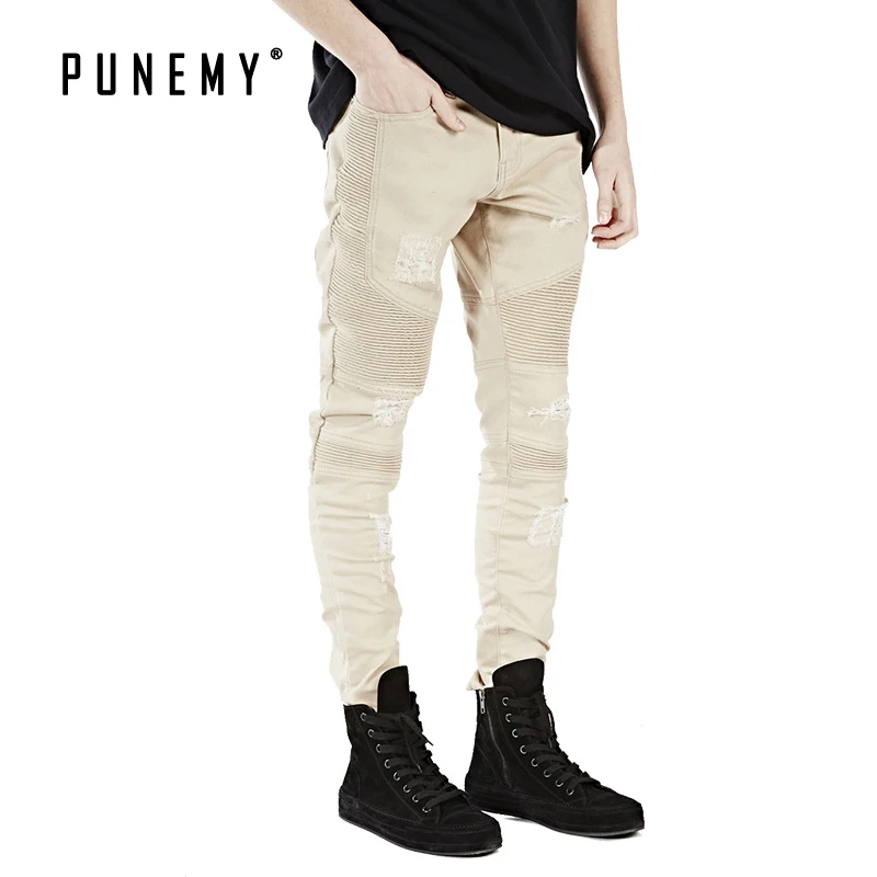 Мужские джинсы белые рваные дырки панк мотоцикл рок стиль хип хоп уличная одежда