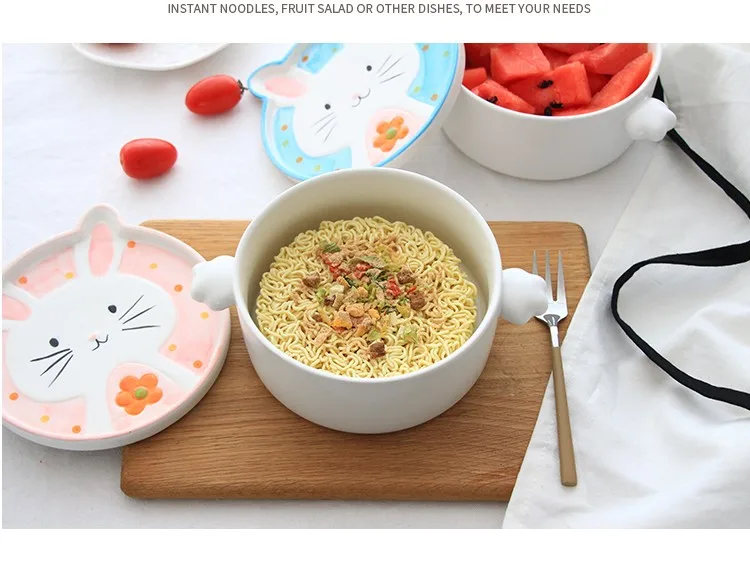 Керамическая чаша для лапши с мультяшным кроликом и крышкой, фарфоровая чаша с двумя ушами, милая чаша для лапши быстрого приготовления, фарфоровая посуда