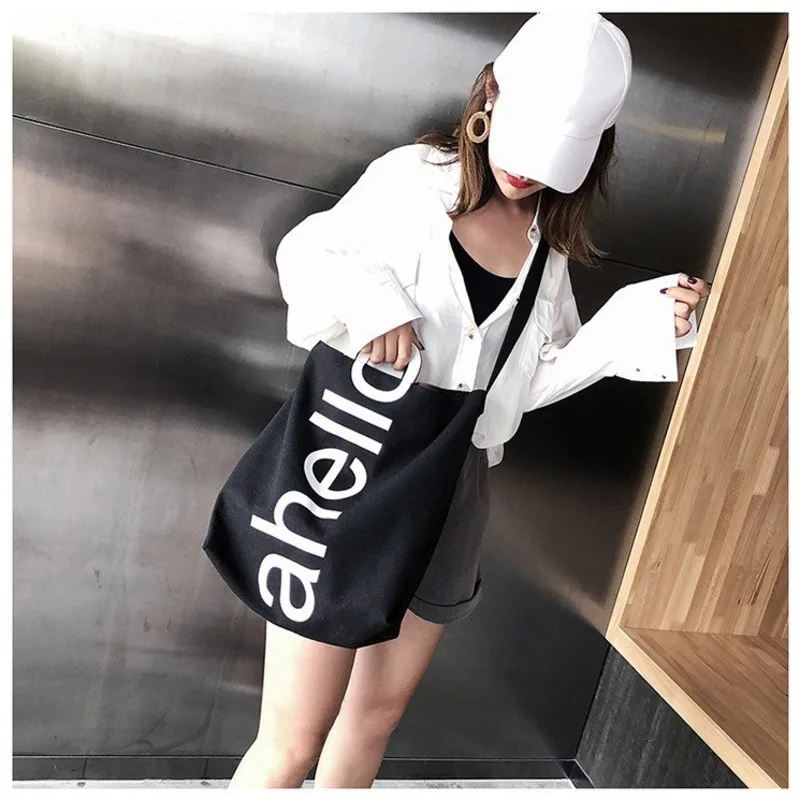 Женская сумка на плечо черная и белая холщовая большая унисекс женская через OC665