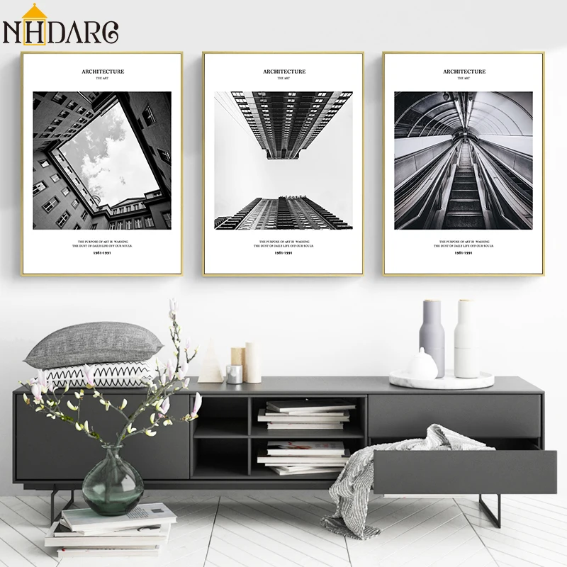 

Nordic Black White Tall Building Scenery Landscape Canvas Print Painting Poster Art Wall Pictures for Living Room Home Decor