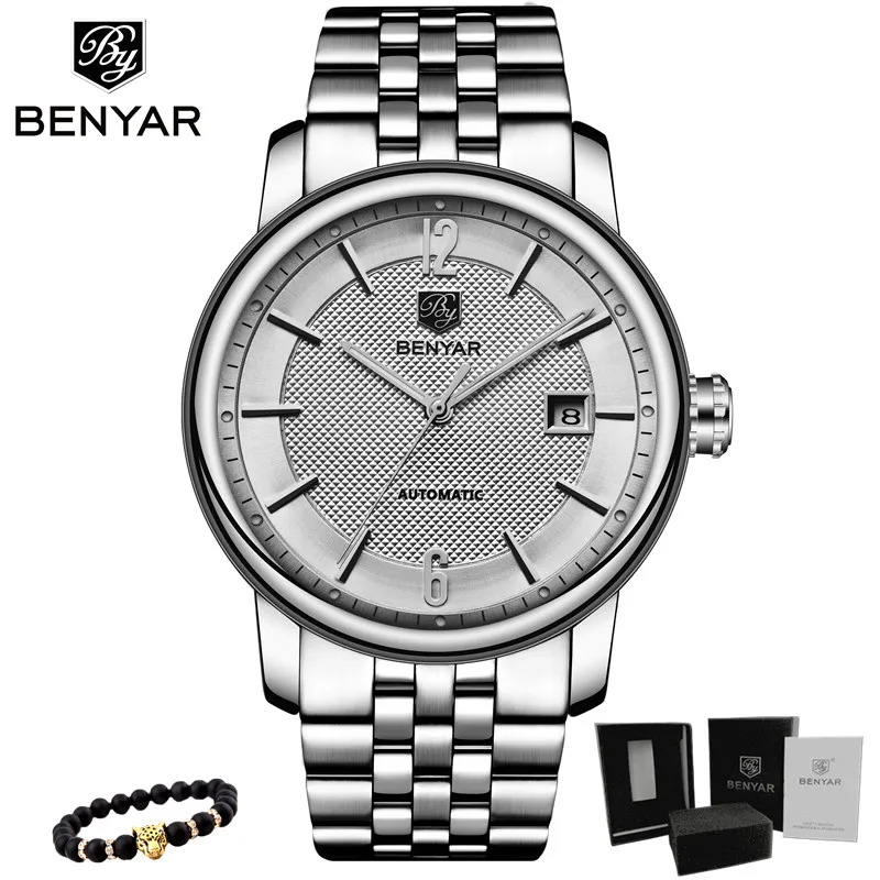 Steel-Silver white BENYAR Топ бренд класса люкс для мужчин s часы бизнес полный сталь Мода повседневное водонепроницаемый автоматические часы мужские часы Relogio Masculino - Цвет: Steel-Silver white