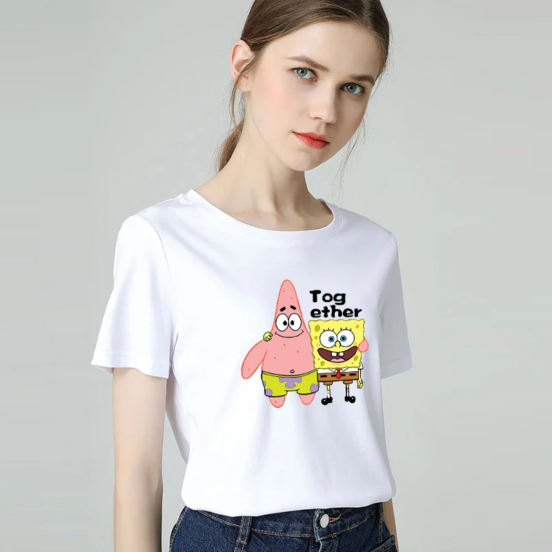 Hot Fashion Women T-Shirt Big Plus Size Tshirt Femme Prin SpongeBob Shirt Top White Female Tops Short Tee Funny Girl | Женская одежда