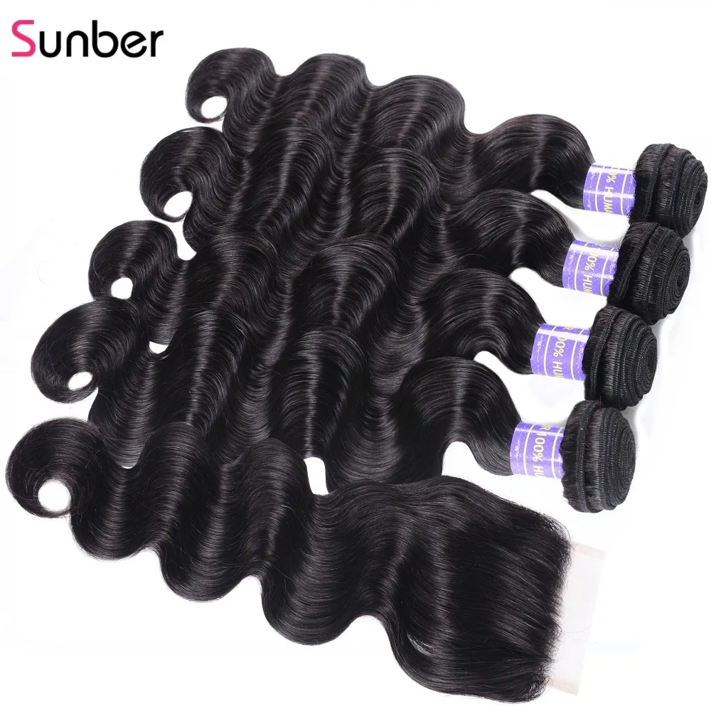 Sunber волосы бразильские объемные волнистые с закрытием высокое соотношение remy волосы пряди с закрытием человеческие волосы пряди с закрытием