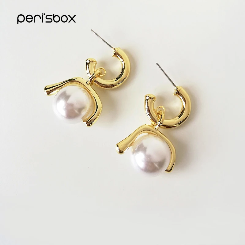 

Peri'sBox Gold Color Drop Pearl Stud Earrings for Women Irregular Geometrical Open Circle Earrings Minimalist Earrings Wholesale