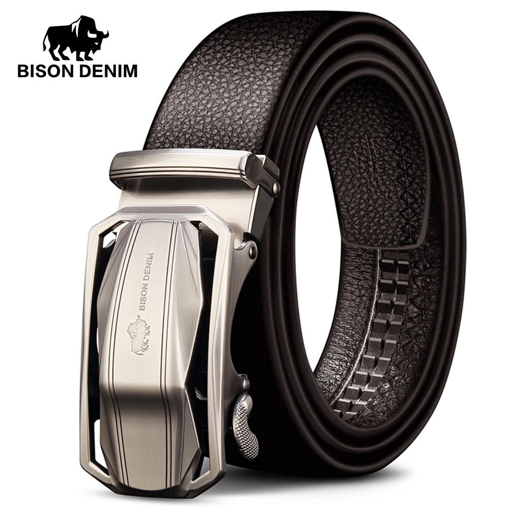 BISON DENIM Brand Men's Belt Genuine Leather Male Belts Male Automatic Buckle Casual  Business Men Belt Strap 3.4 Width N71283