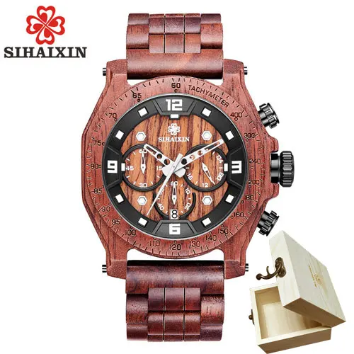 red with box SIHAIXIN деревянные часы мужские Relogio Masculino роскошный стильный Хронограф военные Кварцевые водонепроницаемые Бизнес часы мужские неделя Дата - Цвет: red with box