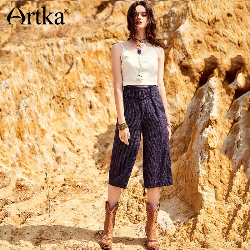 ARTKA 2018 лето новые женские богемные полоски широкие брюки винтажные хлопковые и