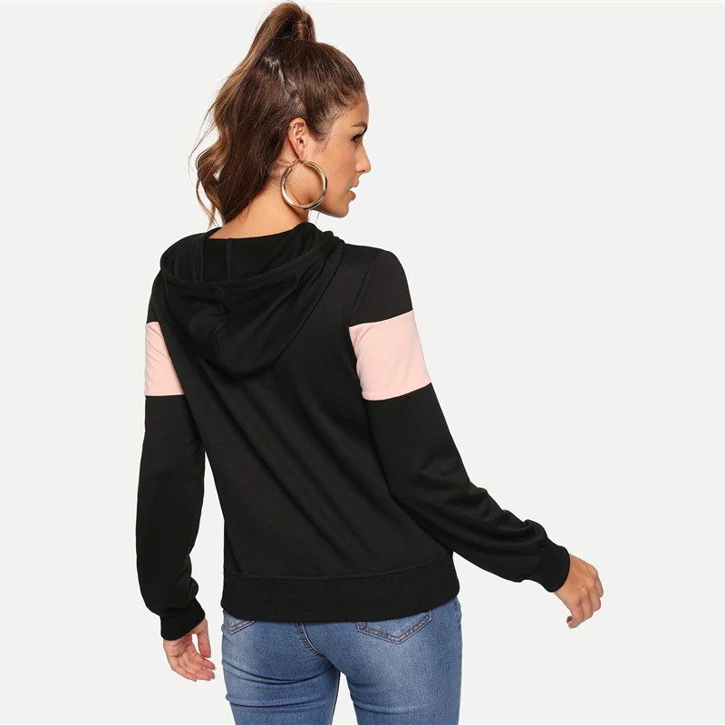 SHEIN Контратсная Толстовка С Капюшоном Женская Осенняя Многоцветная Повседневная Толстовка С Длинными Рукавами И Карманами