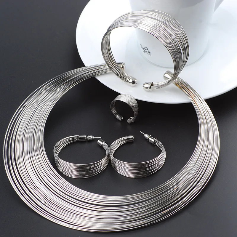 silver set Модные дубайские Золотые Ювелирные наборы, преувеличенная золотая линия, ожерелье, набор, свадебный подарок, африканские ювелирные изделия из нигерии для женщин - Окраска металла: silver set