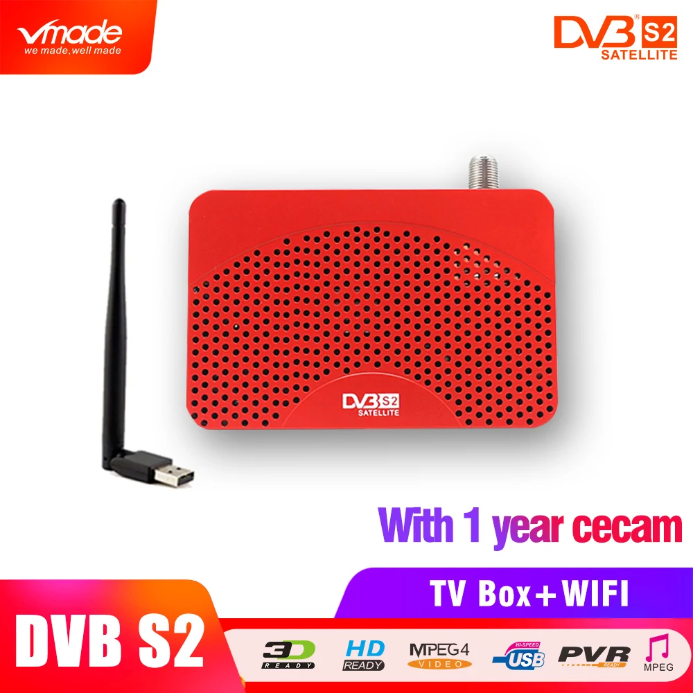 Vmade Красный Миниатюрный DVB S2 HD цифровое спутниковое ТВ тюнер рецептор + USB wifi ключ и