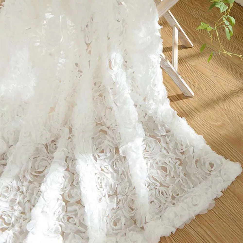 Pastoral Korean Creative White Lace 3D Rose Curtains Voile Custom Window Screens For Marriage Living Room Bedroom