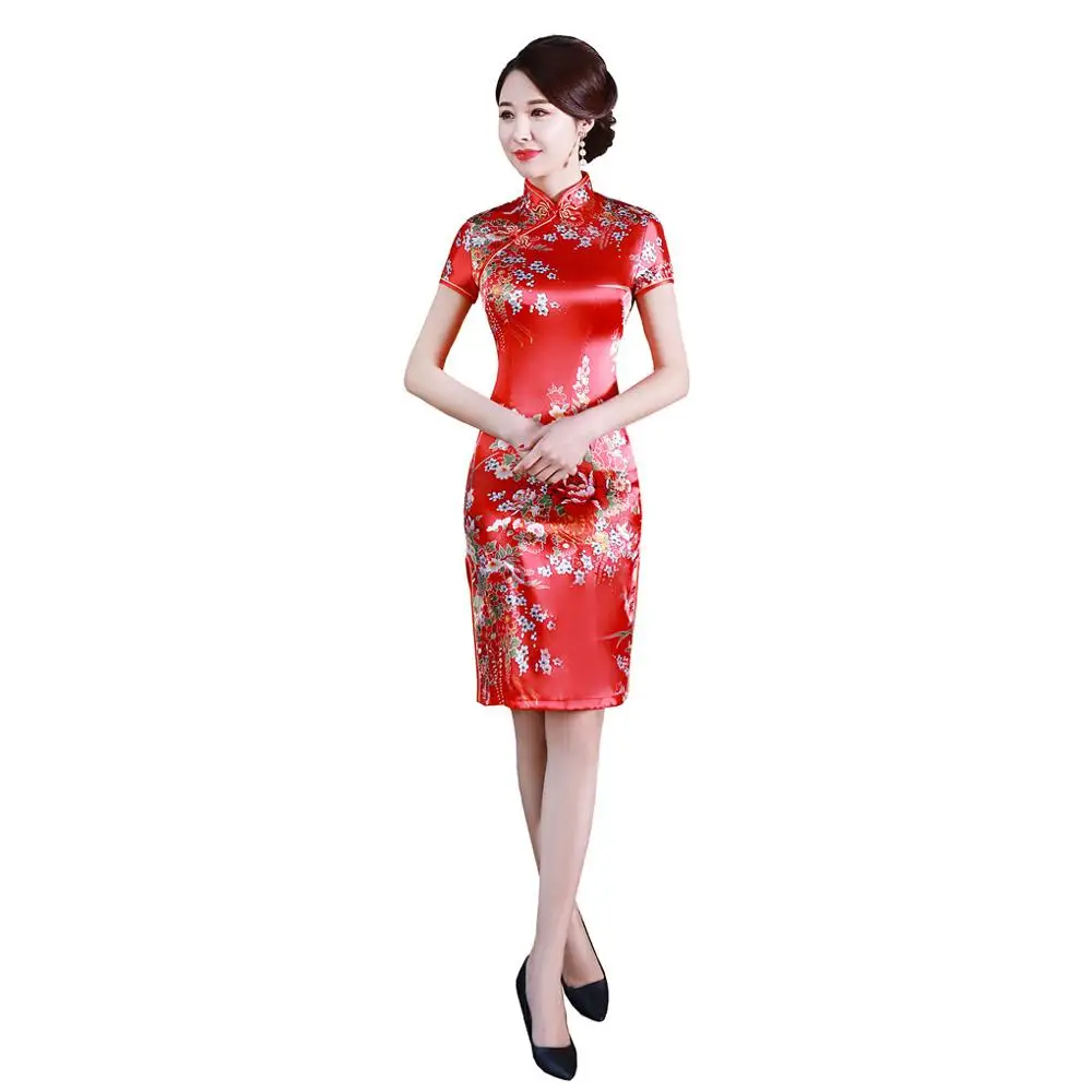 

Shanghai Story Short Sleeve Flower Print Short Qipao Dress Faux Silk Cheongsam Dress Chinese Women's dress 4 Color