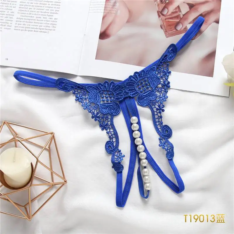 Blue JSY, женские Эротические трусики с открытой промежностью, кружевные стринги с вырезами, стринги с искусственным жемчугом, женские сексуальные трусы с Т-образной спинкой для секса - Цвет: Blue