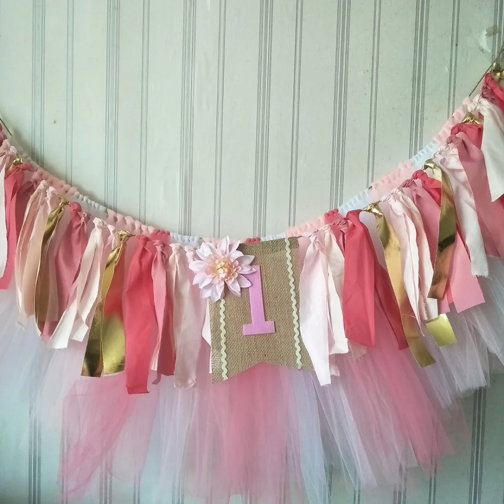 Tahiti Inspired Baby Girl First Year Birthday Party Highchair Banner With Tutu Tassel Garlands Personalized Free Shipping | Дом и сад