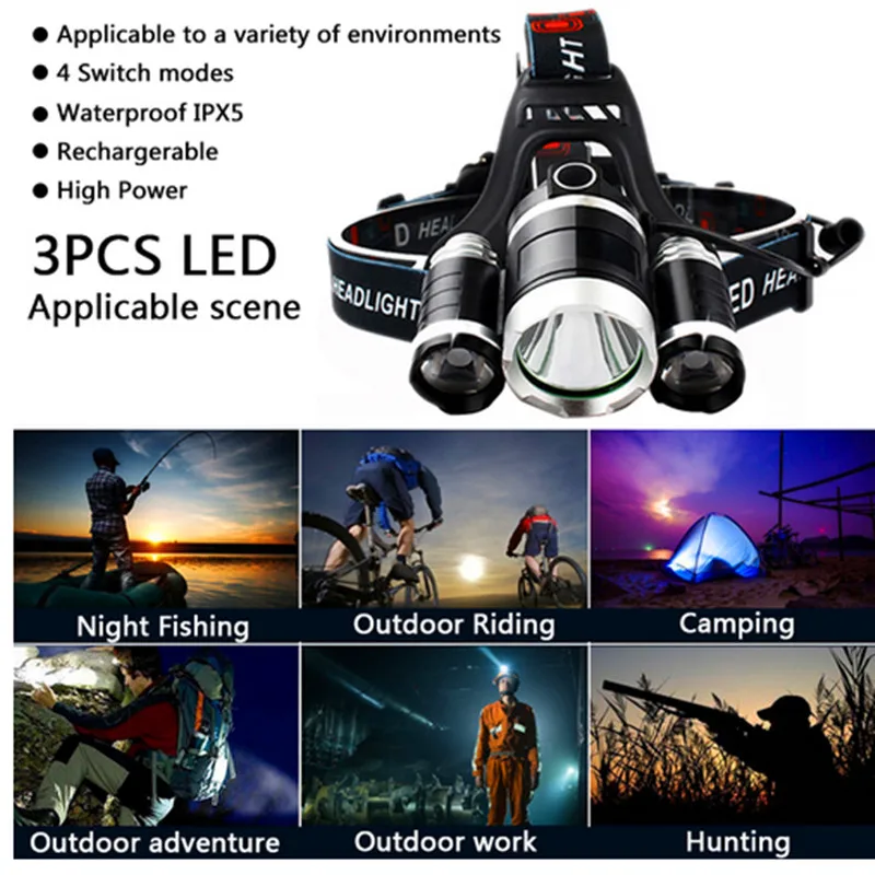 Светодиодный налобный светильник yunmai с питанием от USB 10000 люмен 3 * xml t6