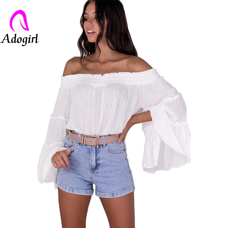 Adogirl/белые лоскутные рубашки с расклешенными рукавами вырезом лодочкой и