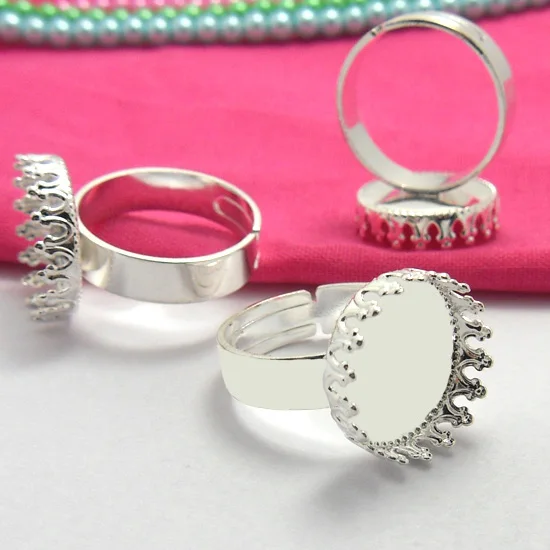 10pcs New Arrival 2014Fashion DIY Silver Plated White Ring Blank Base with Inner15mm Bezel Setting Crown Edge Tray for Cabochons