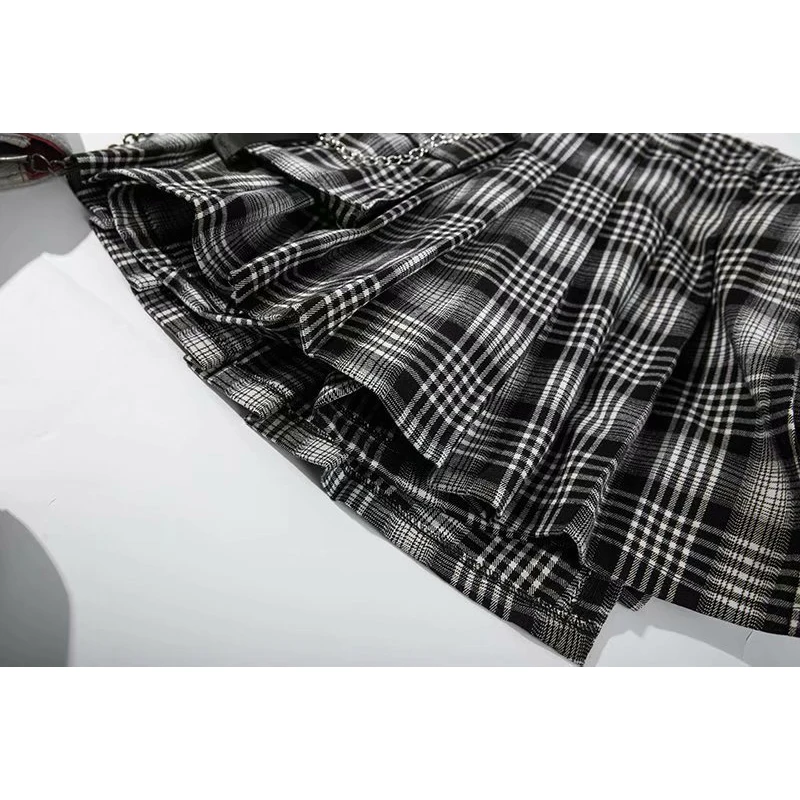 

Hot Sale A-line Women Sexy Mini Skirt Plaid Street Style Women Side Pockets Design Mini Pleated Skirt