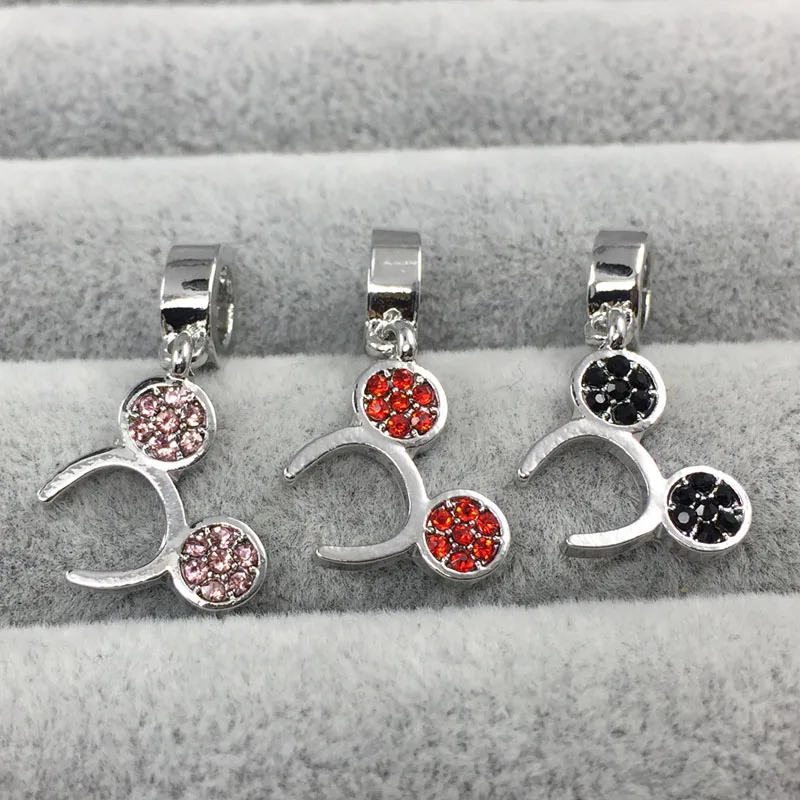 Обруч Микки болтаются с черными кристаллами Европейские Бусины Подходят амулеты