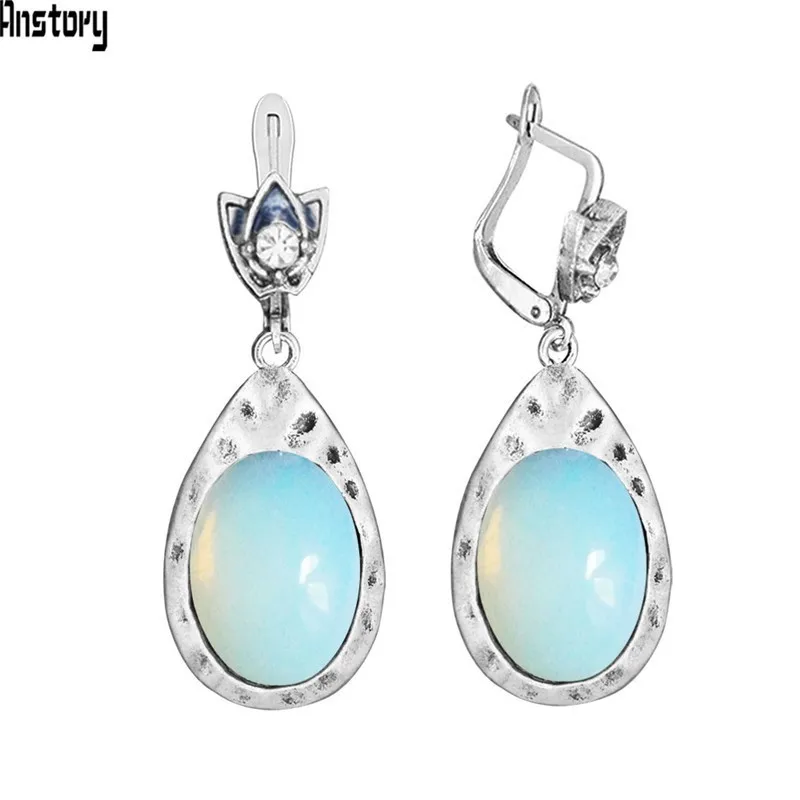 Simulated Opal Bead Винтажные овальные розовые кварцевые нефритовые серьги для женщин, античные посеребренные серьги в форме капли воды, модное ювелирное изделие TE531 - Окраска металла: Simulated Opal Bead