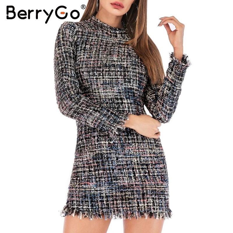 Berrygo элегантное клетчатое офисное женское твидовое короткое платье Повседневное