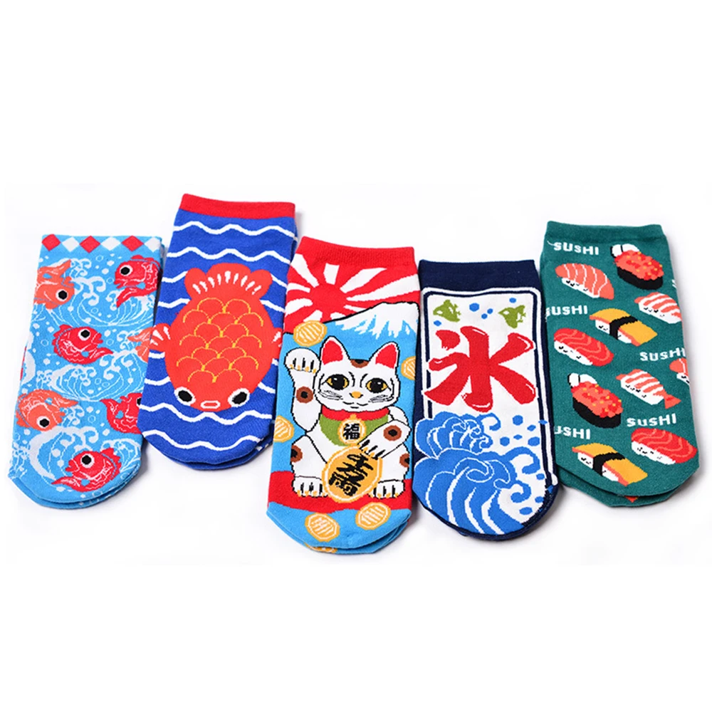 Японский Еда суши с изображением из мультфильма Lucky Cat рыбы волны Для женщин носки-лодочки хлопок милые Для женщин короткие носки креативная забавная следы