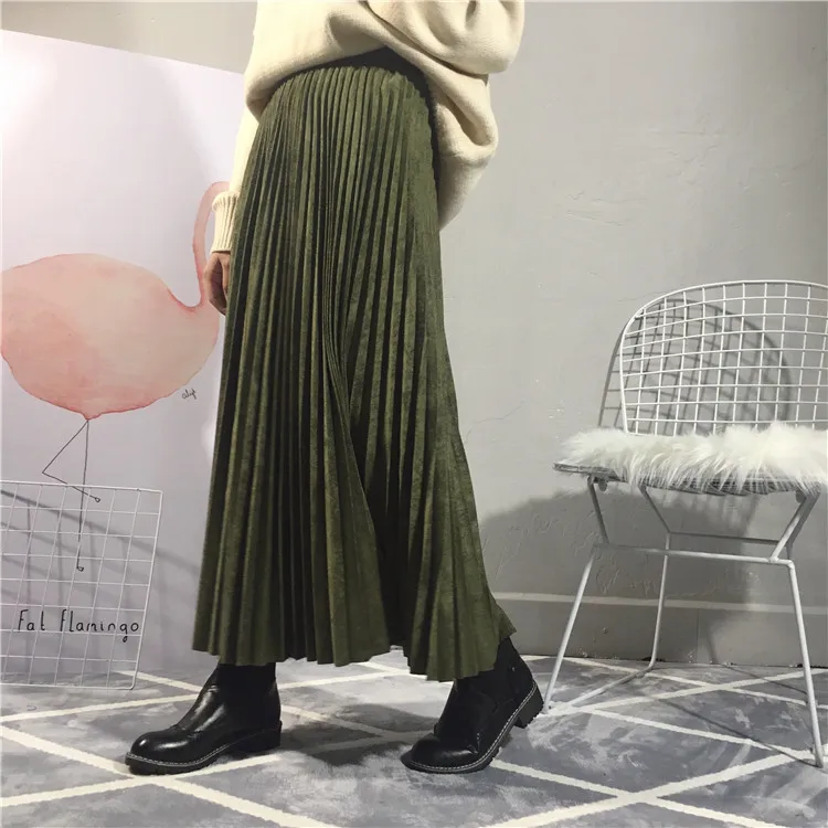 Популярная брендовая Высококачественная Женская замшевая юбка, осенняя длинная Плиссированная юбка с высокой талией, Женская винтажная юбка средней длины s Saias Faldas