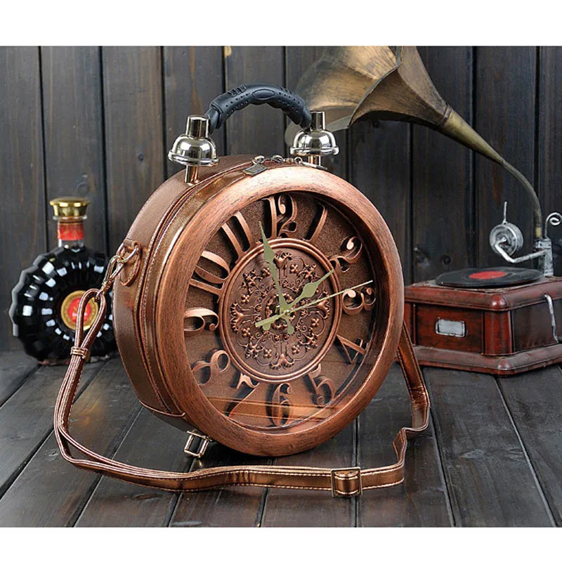 Retro Brown IPinee Женская круглая винтажная работоспособная сумка в виде часов истинный будильник машина времени креативная Наплечная уличная мода сумки через плечо - Цвет: Retro Brown