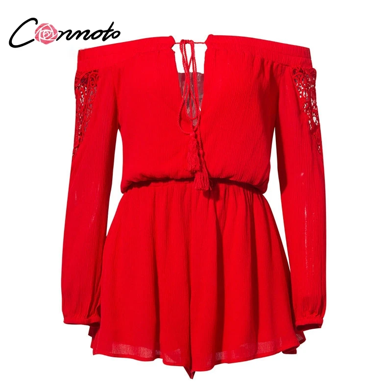 Red-1 Conmoto Сексуальные короткие комбинезоны с открытыми плечами, красный пляжный ромпер со шнуровкой, жёлтый ромпер с широкими расклешёнными рукавами - Цвет: Red-1