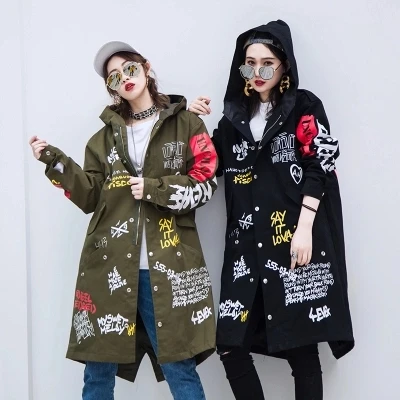 Harajuku длинная куртка-бомбер с капюшоном, пальто, женская одежда, пальто в стиле хип-хоп, куртки с цветочным принтом, женские и мужские топы, парные базовые пальто с длинным рукавом - Цвет: Armygreen